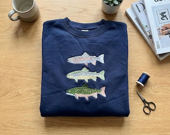 Embroidered Brook Trout Fishing Sweatshirt, Freshwater Fish Trio Hoodie, Fly Fishing Crewneck, Angler Gift, Rainbow Trout Pullover