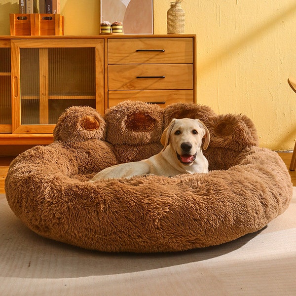 Lit pour chien Cat Mat Round Large Pet House Long Peluche Sommeil Profond Warm Bear Paw Bed