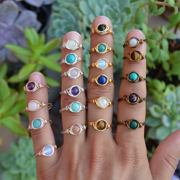 Gemstone Bead Ring. 6mm Wire Wrapped Bead Ring. Silver, Gold, Bronze, Rose Gold Crystal Ring. Choose Your Gemstone and Size. Boho Jewelry.