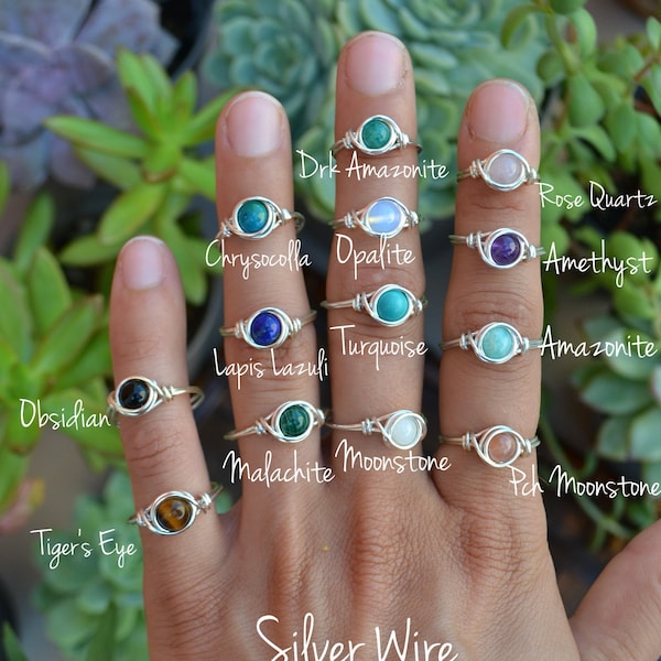Sterling Silver Filled Gemstone Bead Ring. Wire Wrapped Bead Ring. Healing Crystal Ring. All Sizes. Silver Ring. Boho Jewelry