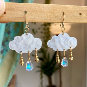 Rain Cloud Earrings. White Cloud Earrings. Pearly Cloud Earrings. Aura Crystal. Resin Earrings. Cute Gold Earrings. Nature Jewelry.Gift Idea