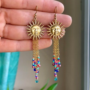 Boho Fringe Sun Earrings. Colorful Earrings. Brass Jewelry. Unique Earrings. Sun Jewelry. Brass Gold Jewelry. Gift for Her. Nature Lover.