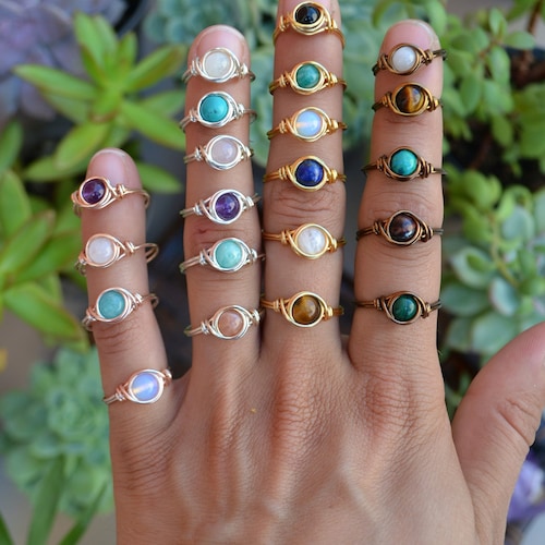 Gemstone Bead Ring. 6mm Wire Wrapped Bead Ring. Silver, Gold, Bronze, Rose Gold Crystal Ring. Choose Your Gemstone and Size. Boho Jewelry.