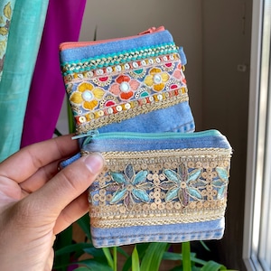 Boho Denim Coin Purse. Small Card Wallet. Keychain Coin Pouch. Recycled Denim Pouch. Boho Accessory. Small Zipper Pouch. Gift Idea for Her.