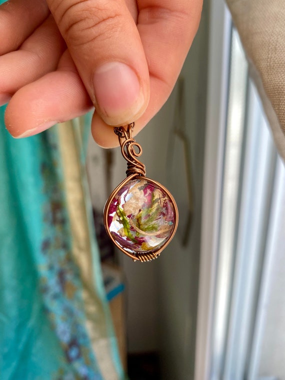 Wire Wrapped Nature Necklace. Resin Jewelry. Handmade Necklace