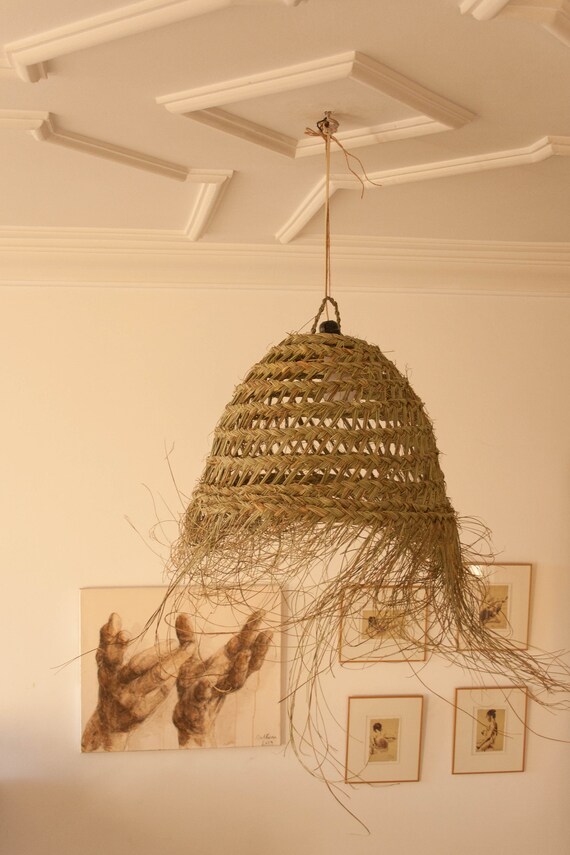 Wicker Pendant Light Ceiling Lamp Rattan Lampshade Handwoven Cone Chandelier Fringes Bangs Moroccan Bamboo Natural Raffia