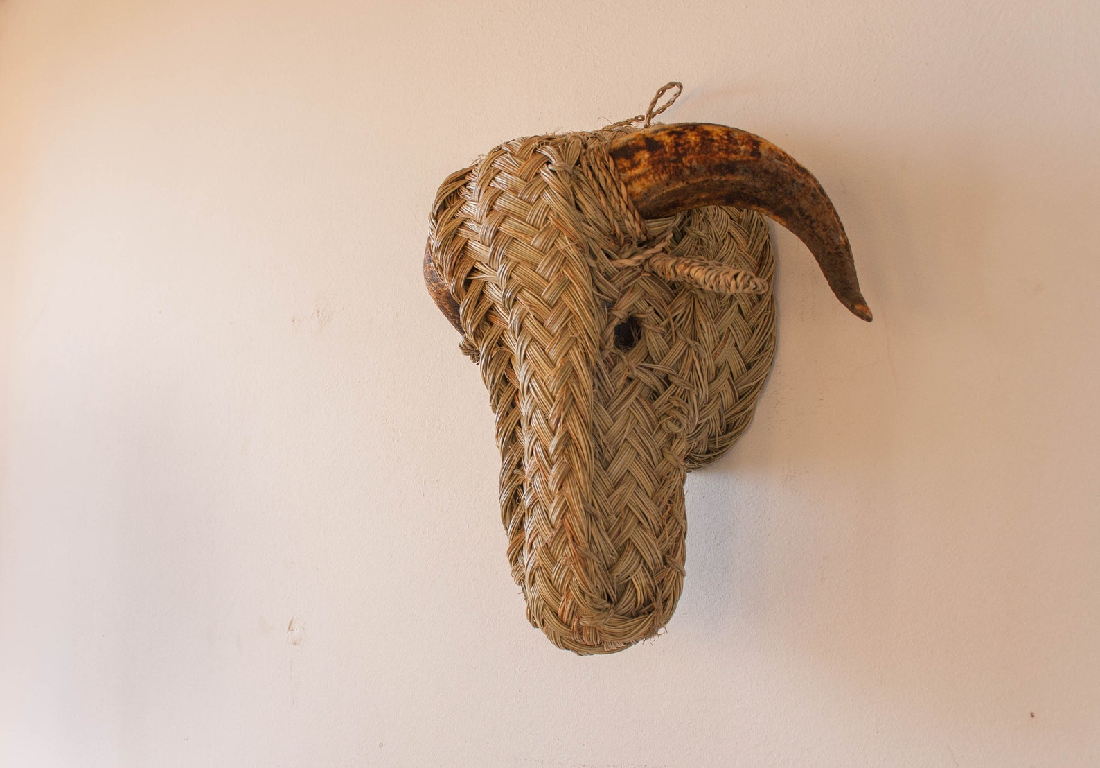 Straw animal head with real horns wall decor Etsy