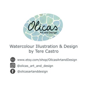 May include: A logo for Olicas Art and Design, featuring an oval design with a light blue mosaic pattern. The text "Olicas Art and Design" is above the text "Watercolour Illustration & Design by Tere Castro". Social media links are also included.