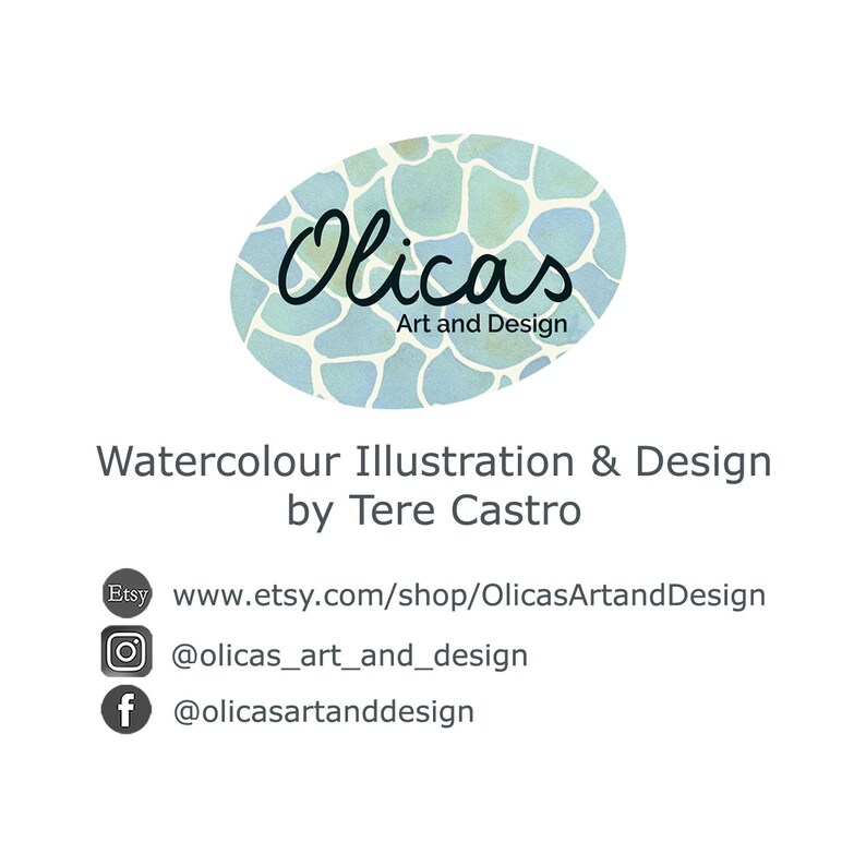 May include: A logo for Olicas Art and Design, featuring an oval design with a light blue mosaic pattern. The text "Olicas Art and Design" is above the text "Watercolour Illustration & Design by Tere Castro". Social media links are also included.