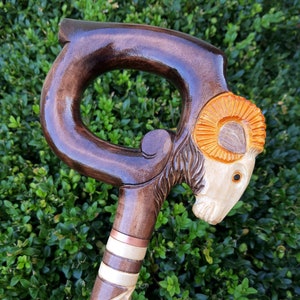 Cane Walking Stick Canes Sticks Reed Staff Wood Wooden Hand-Carved Carving Handmade Cane Accessories ( Ram Round Orange )