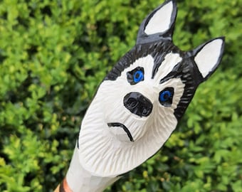 Walking Stick Canes Reed Wood Wooden Hand-Carved Carving Handmade Cane Stick Accessories ( Husky )