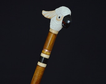 Stick Cane Walking Canes Sticks Reed Staff Wood Wooden Hand-Carved Carving Handmade Cane  Accessories ( Cockatoo parrot white-orange )