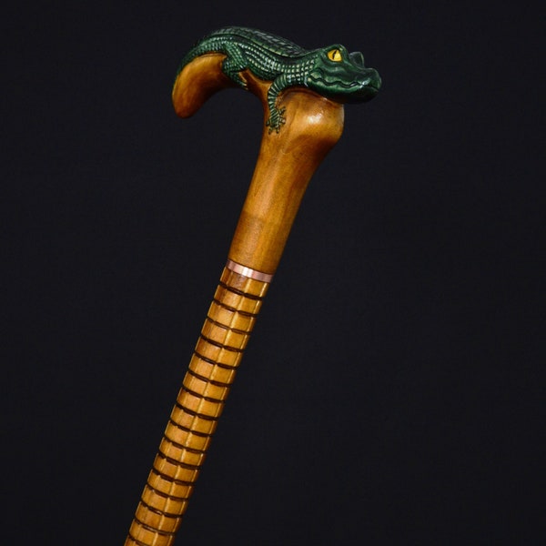 Stick Cane Walking Canes Sticks Reed Staff Wood Wooden Hand-Carved Carving Handmade Cane  Accessories ( Crocodile )