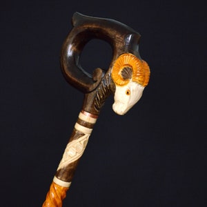 Stick Cane Walking Canes Sticks Reed Staff Wood Wooden Hand-Carved Carving Handmade Cane  Accessories ( Ram Round Orange )