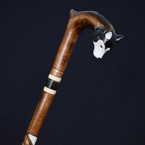 Stick Cane Walking Canes Sticks Reed Staff Wood Wooden Hand-Carved Carving Handmade Cane  Accessories ( Hasky black-white )