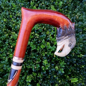 May include: A wooden walking stick with a carved bird head handle. The handle is painted in shades of brown, black, and white. The stick is made of dark wood and has a copper band around it.