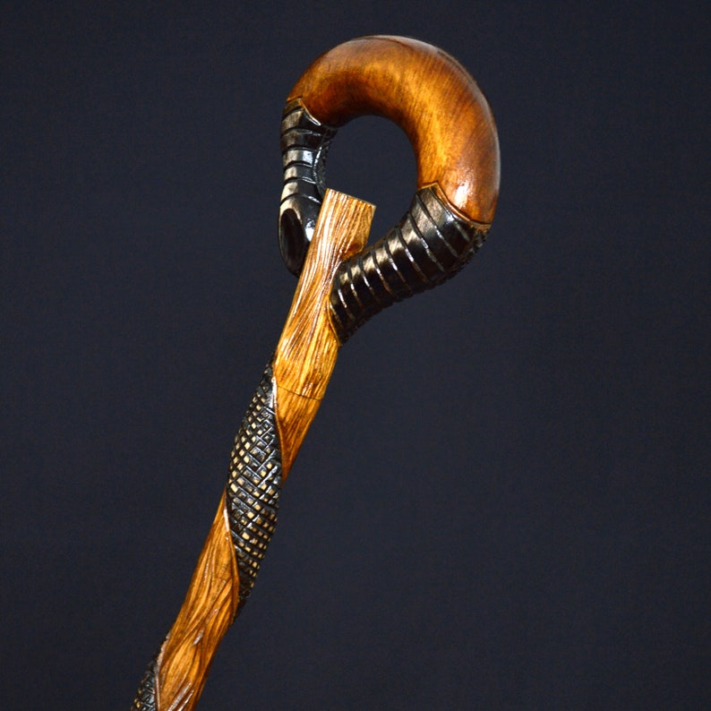Puede incluir: Un bast&oacute;n de madera con un mango &uacute;nico y tallado intrincadamente. El mango tiene forma de serpiente con un anillo en la parte superior. El bast&oacute;n est&aacute; hecho de madera oscura con un acabado marr&oacute;n claro.