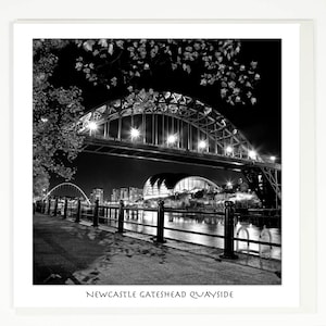 Newcastle Quayside Autumn Leaves Black and White greeting Card, Tyne Bridge, Gateshead Millennium Bridge