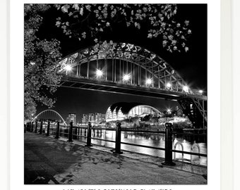 Newcastle Quayside Autumn Leaves Black and White greeting Card, Tyne Bridge, Gateshead Millennium Bridge