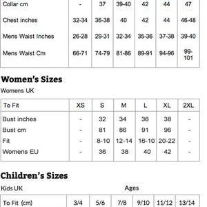 May include: A clothing size guide showing men's, women's, and children's sizes. Measurements are in inches and centimetres for chest, waist, and collar. The guide also includes UK and EU sizes.