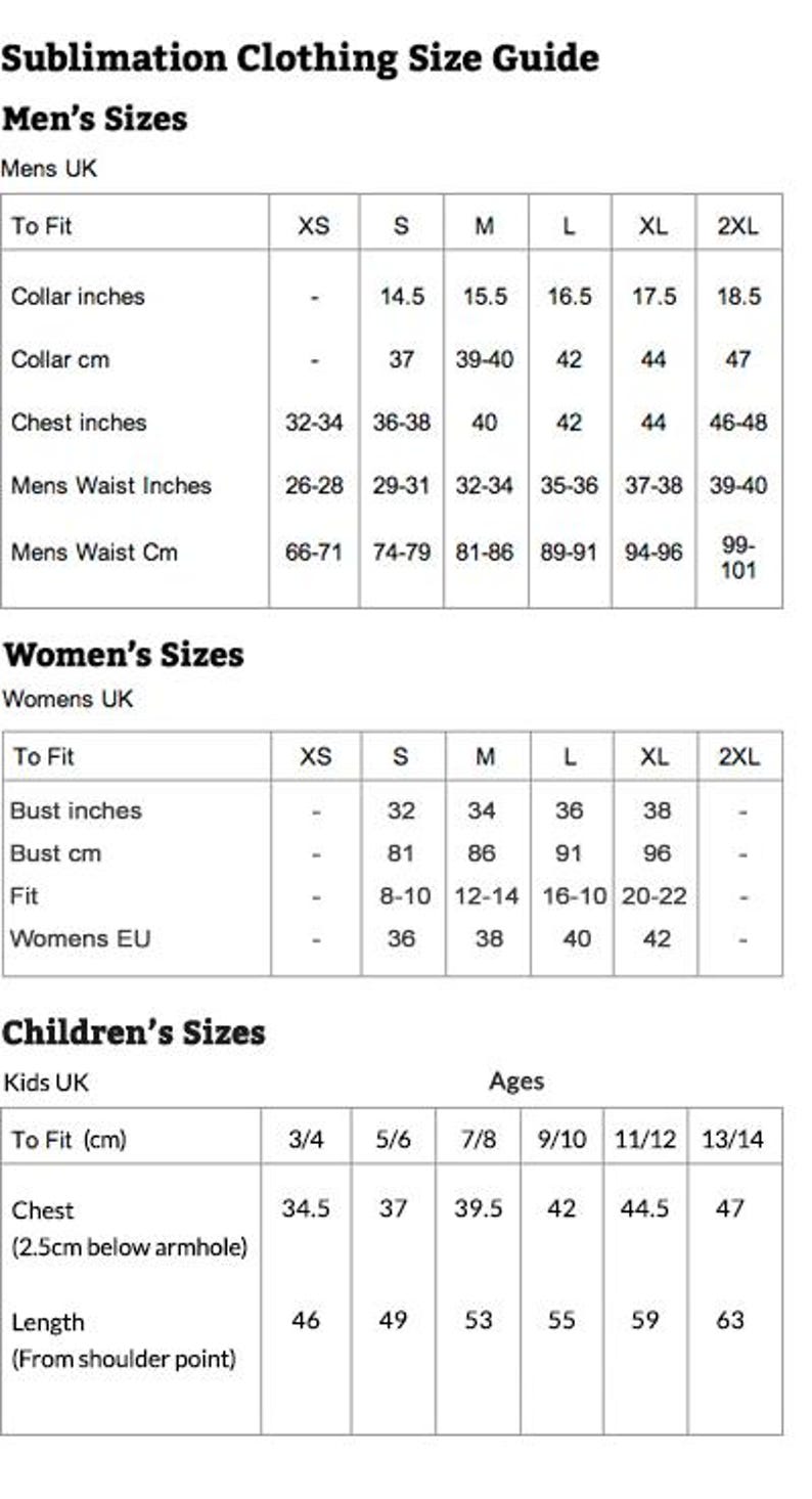 May include: A clothing size guide showing men's, women's, and children's sizes. Measurements are in inches and centimetres for chest, waist, and collar. The guide also includes UK and EU sizes.