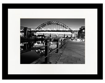 Newcastle Tyne Bridge Black and White Photo Print, Quayside Night Scene