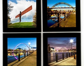Bezienswaardigheden Newcastle glazen onderzetters, engel van het noorden, Tyne Bridge, set van 4