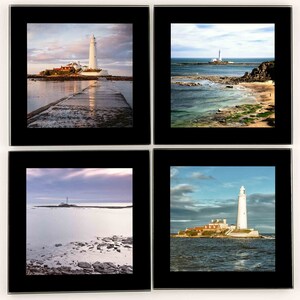 Set of 4 Newcastle Glass Coaters St. Mary&#39;s Lighthouse Whitley Bay Scenes.