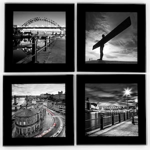 Set of 4 Black and White Newcastle Glass Coasters Tyne Bridge, Angel of the North, Newcastle Gateshead Quayside, Newcastle Guildhall
