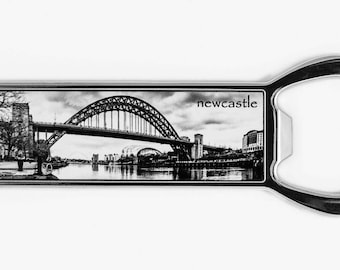 Newcastle Metal Bottle Opener Fridge Magnet The Tyne Black and white.