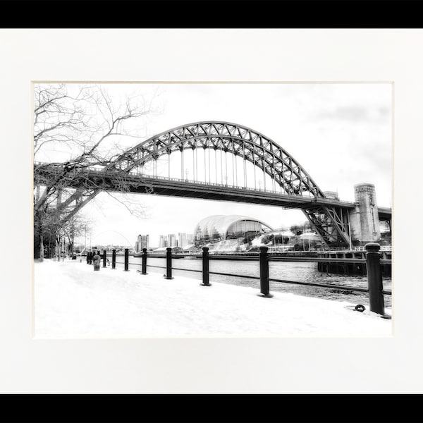 Snowy Newcastle Quayside photographic print. Mounted print of Newcastle Gateshead Quayside, Tyne Bridge, Gateshead Millennium Bridge, Sage