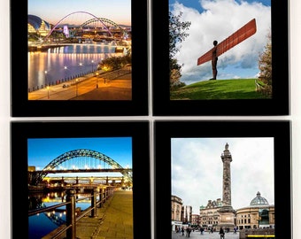 Newcastle Landmarks glazen onderzetters, set van 4, Tyne Bridges, Angel of the North