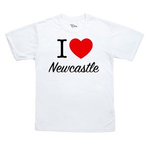 May include: White t-shirt with the text "I &hearts; Newcastle". The word "I" and the heart symbol are black and red, respectively. The word "Newcastle" is in a cursive font.