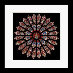May include: A large, circular stained glass window with a red, blue and white design. The window is divided into many small sections, each containing a different image. The centre of the window features a large, circular image of a person.