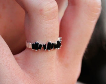 Dainty Sterling Silver Baguette Ring\ Adjustable Half Eternity Ring\Black Zircons Delicate Ring\ Open Baguette Ring\Vintage Ring.