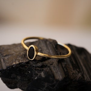 Fine 14K Thick Gold Plated Ring with Oval Black Stone, Minimalist Gold Ring with Black Zircon , Dainty Black Zircon Ring