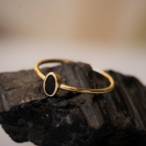 14K Gold Plated Ring: Minimalist Oval Black Zircon Stone