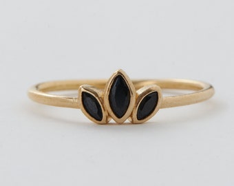 Dainty 14k Gold Plated Lotus Ring with Black Zircons