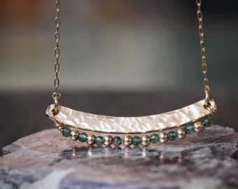 14K gold filled hammered bar with small Jades necklace