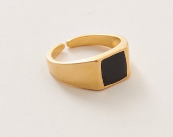 14K Gold Plated Adjustable Onyx Ring, Open statement Ring, Onyx Unisex Ring, Square Black stone Ring,Vintage adjustable Ring.