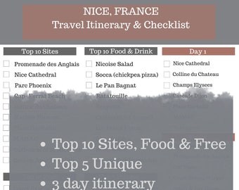 NICE, FRANCE Travel Checklist & Travel Itinerary ~ Printable Travel Planner ~ Vacation Planning ~PDF ~ Top 10 Sites ~ 3 Day ~ Top 10 Foods