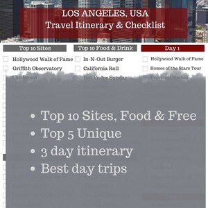 LOS ANGELES Travel Checklist & Travel Itinerary ~ Printable Travel Planner ~ Vacation Planning ~PDF ~ Top 10 Sites ~ 3 Day ~ Top 10 Foods