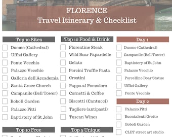 FLORENCE Travel Checklist & Travel Itinerary ~ Printable Travel Planner ~ Vacation Planning ~PDF ~ Top 10 Sites ~ 3 Day ~ Top 10 Foods