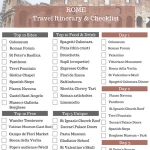 ROME Travel Checklist & Travel Itinerary ~ Printable Travel Planner ~ Vacation Planning ~PDF ~ Top 10 Sites ~ 3 Day ~ Top 10 Foods