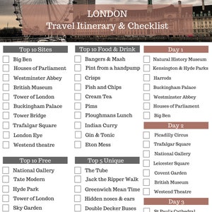 May include: A checklist of top 10 sites, food and drink, free activities, unique experiences, and day trips in London, England. The checklist includes popular attractions like Big Ben, Buckingham Palace, Tower Bridge, and the London Eye. It also features food and drink options like bangers and mash, fish and chips, and cream tea. The checklist also includes free activities like visiting the National Gallery and Hyde Park, as well as unique experiences like riding the Tube and taking a Jack the Ripper Walk. Finally, the checklist includes day trips to Stonehenge, Windsor Castle, and Brighton.
