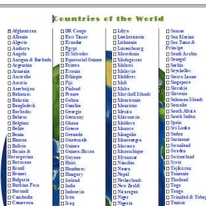 Countries of the World Printable Checklist - Travel Checklist - Vacation Planner- Travel Printable PDF- Countries Checklist