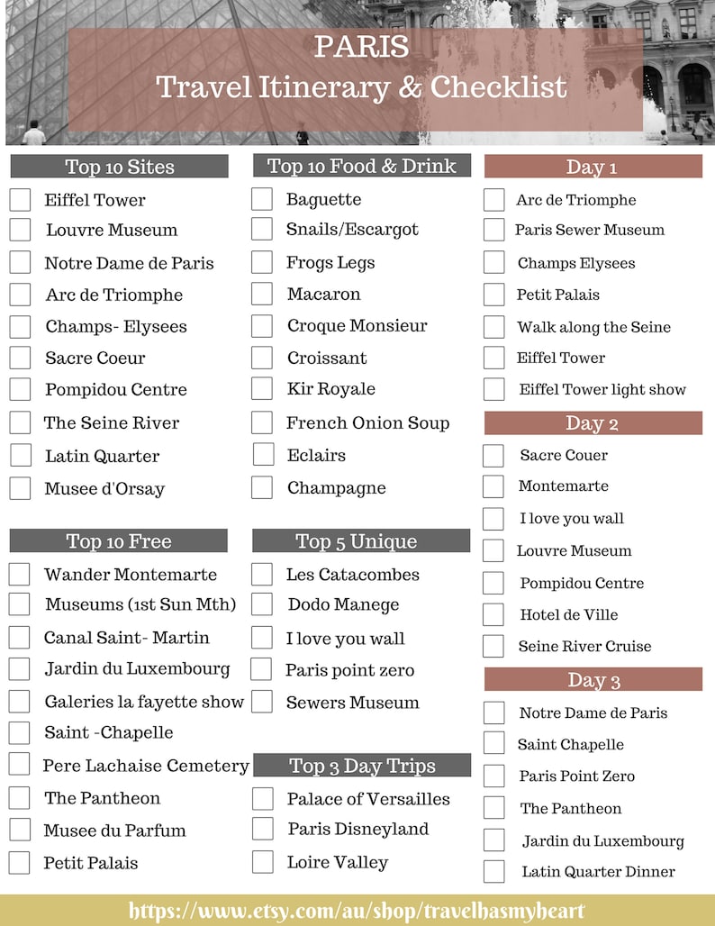 PARIS Travel Checklist & Travel Itinerary Printable Travel Planner
