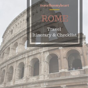 May include: A travel itinerary and checklist for visiting Rome, Italy. The image features the Colosseum, a large ancient amphitheater in Rome.