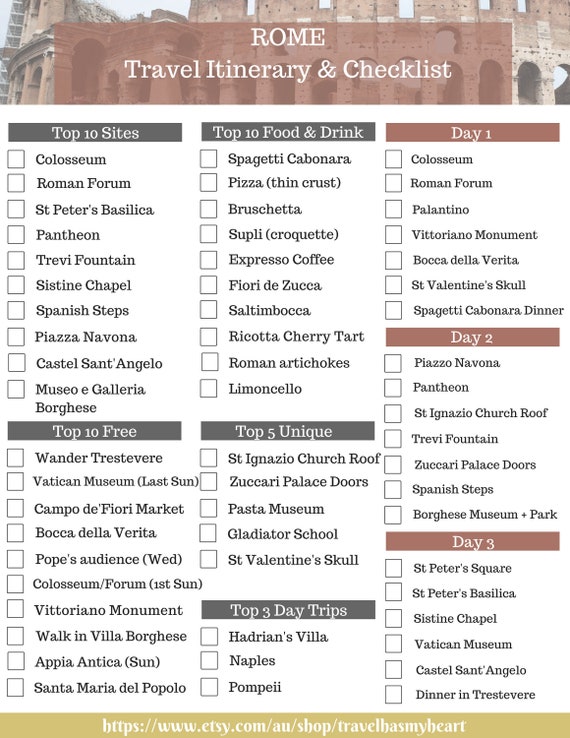 rome travel checklist travel itinerary printable travel etsy printable travel checklist