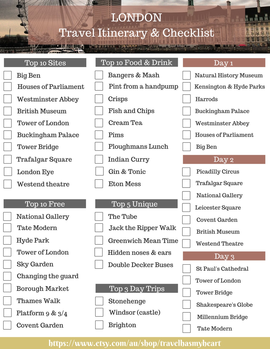 LONDON Travel Checklist & Travel Itinerary Printable Travel Planner